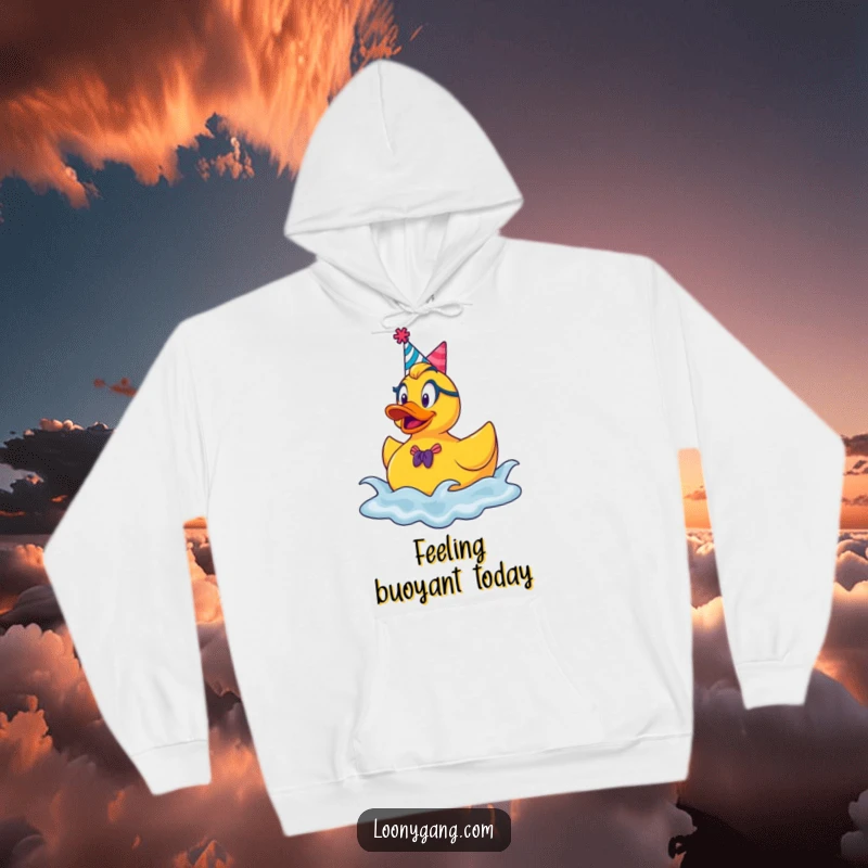 Funny rubber ducky hoodie, a smiling party duck wearing a hat, happily bouncing on stylized waves.