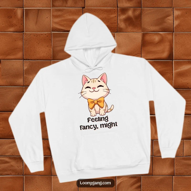 Funny cat bowtie hoodie featuring a grinning cartoon cat in a giant bowtie, striking a silly pose for ultimate cozy humor.