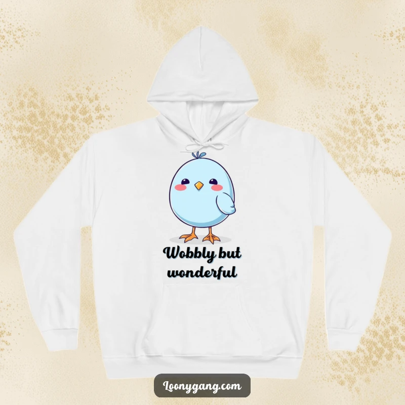 Funny Blue Bird Hoodie featuring a round bird with comically large, wobbly feet, offering warmth and humor.