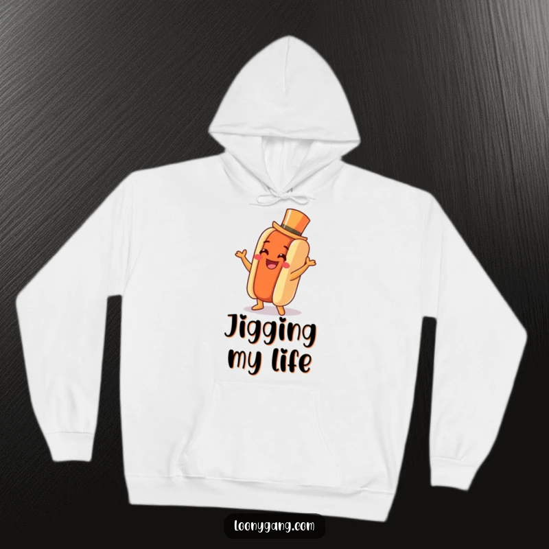 Funny Hot Dog Jig Hoodie: A cozy sweatshirt featuring a grinning hot dog with a tiny top hat dancing a jig.