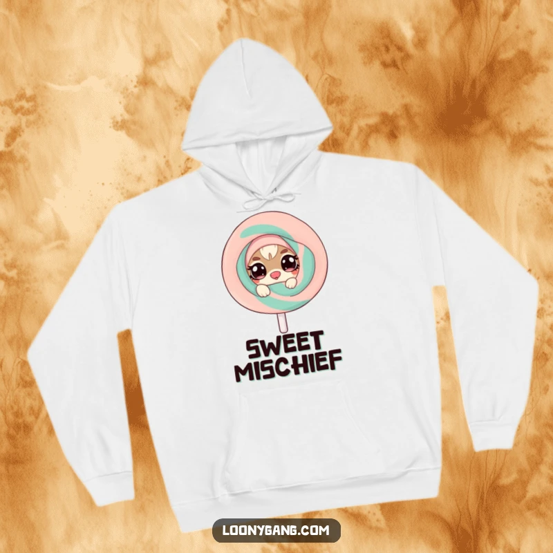 Funny hoodie featuring a mischievous small creature with twinkling eyes peeking from behind a giant, wobbly lollipop, offering cozy, playful vibes.