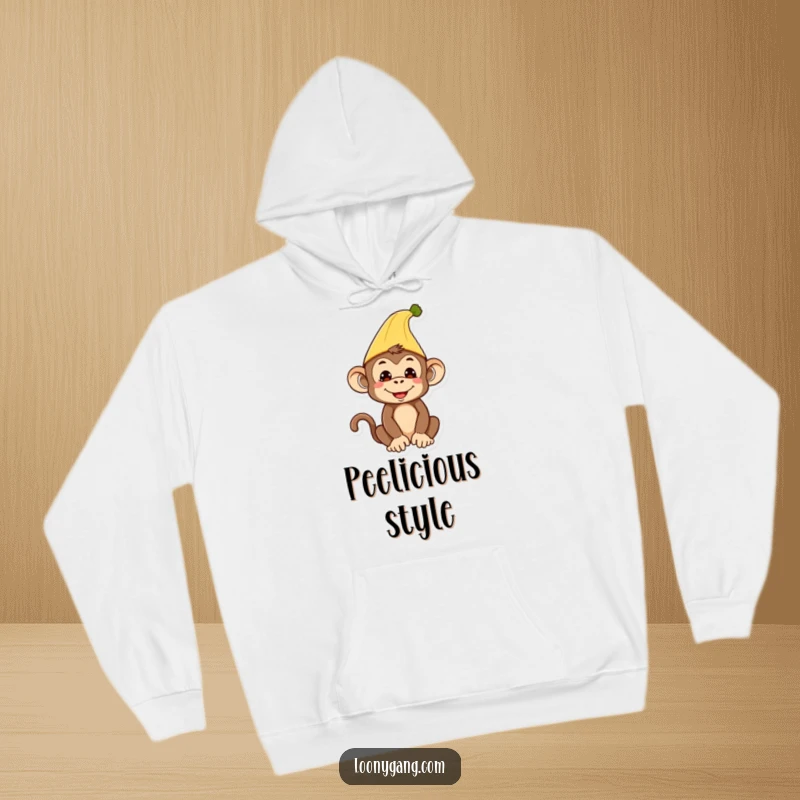 Funny Monkey Hoodie: Soft, warm hoodie featuring a silly monkey in a banana peel hat.