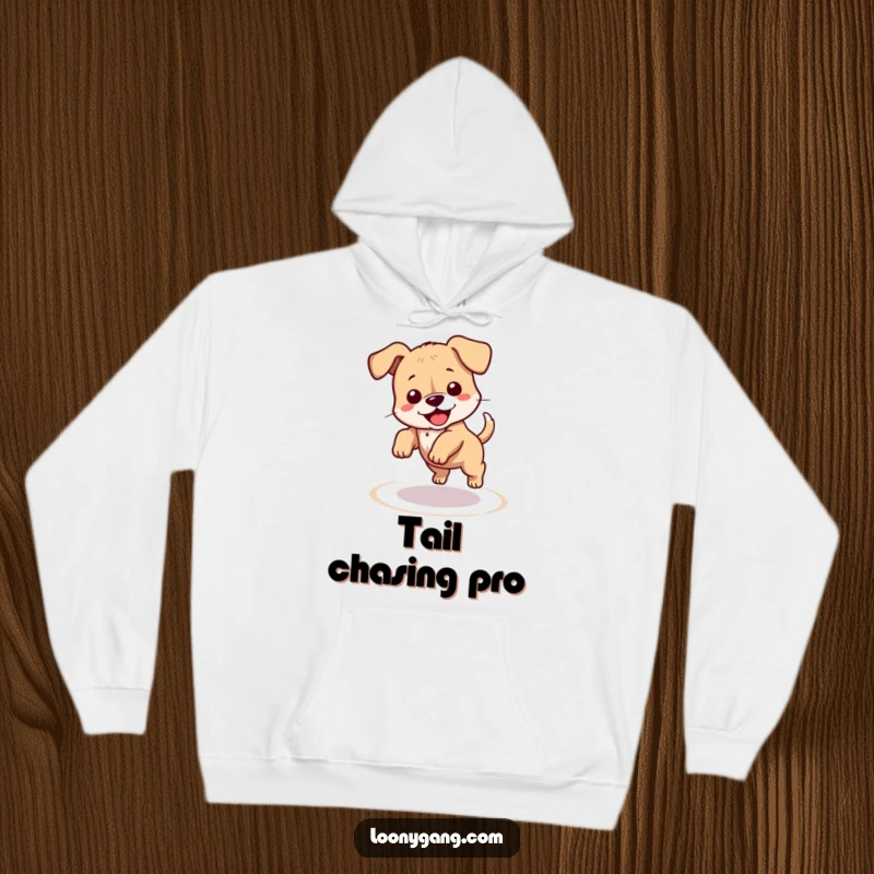 Funny puppy hoodie showing a clumsy dog chasing its tail in a dizzy circle, offering warmth and humor. Ideal for casual wear and funny gift occasions.