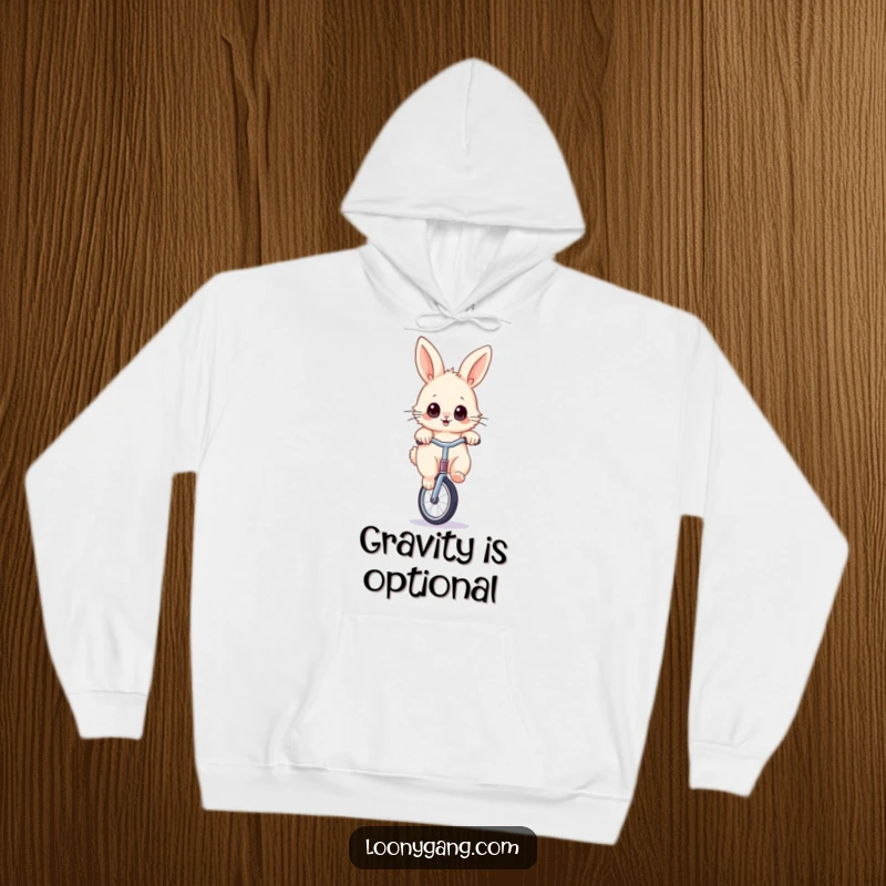 Funny rabbit unicycle hoodie featuring a fluffy bunny with wide eyes, balancing with humor on a unicycle, for cozy fun.