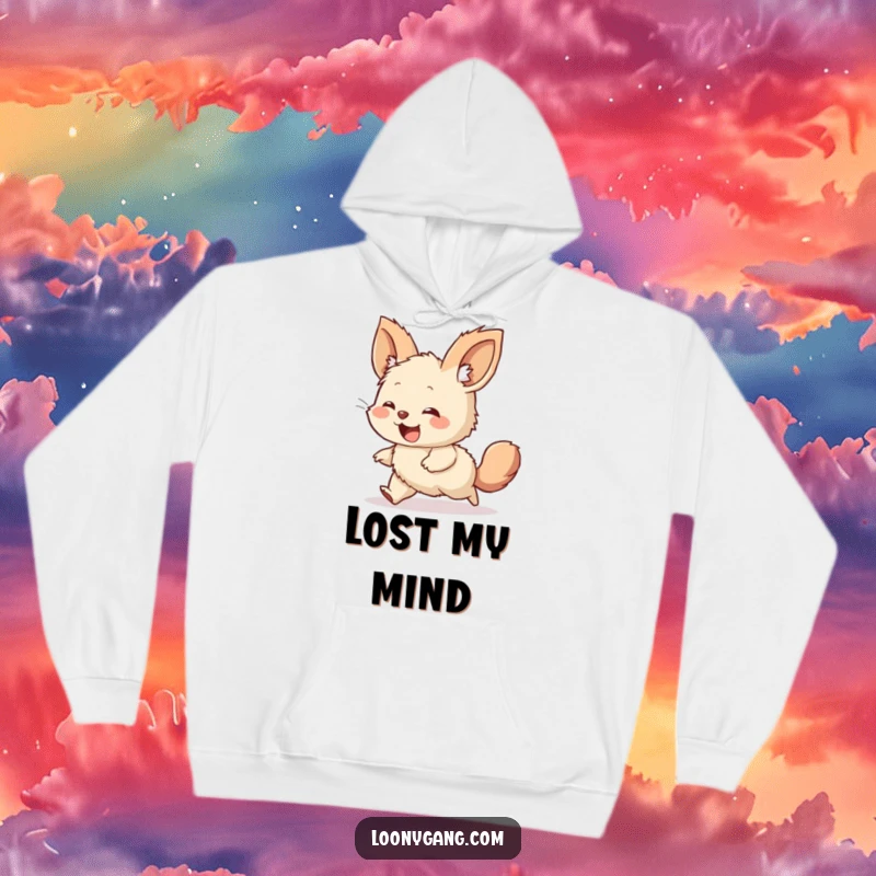 Funny, warm hoodie featuring a giggling, furry creature with oversized ears, caught in a hilarious loop chasing its own tail.