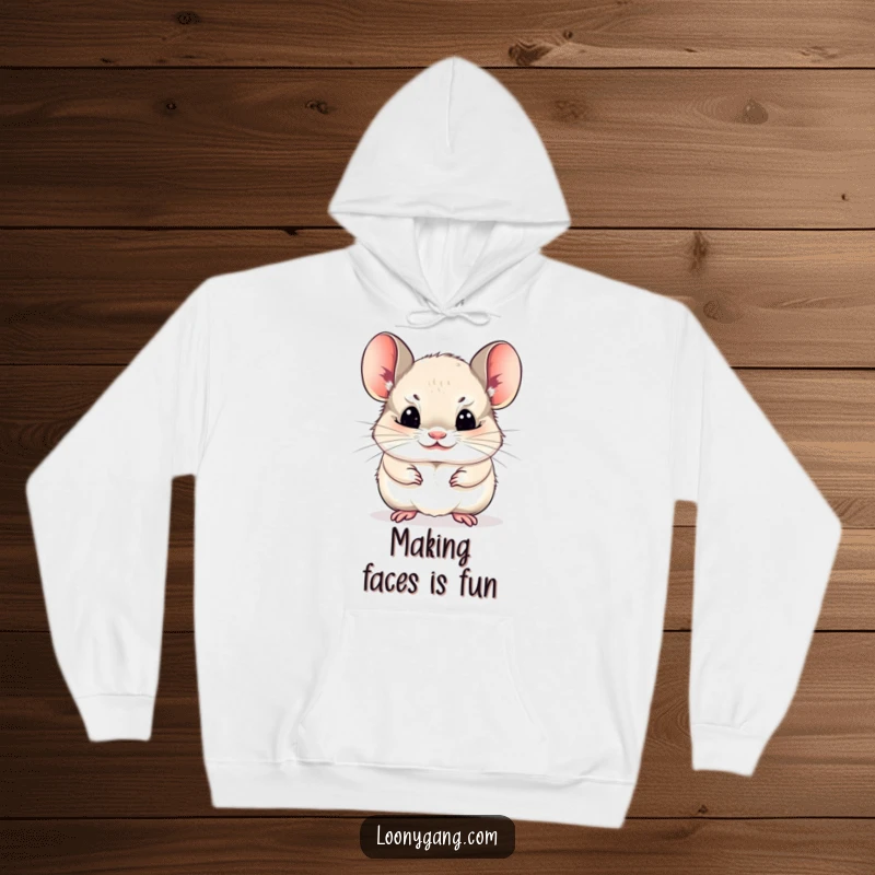 Funny chinchilla cub making a funny face, cozy hoodie, cute animal graphic.