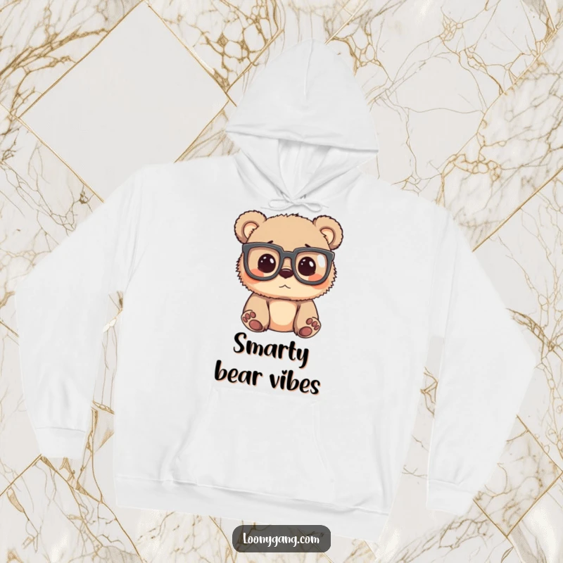 Funny bear cub wearing comically large glasses, peering around with a silly expression, featured on a comfortable hoodie.