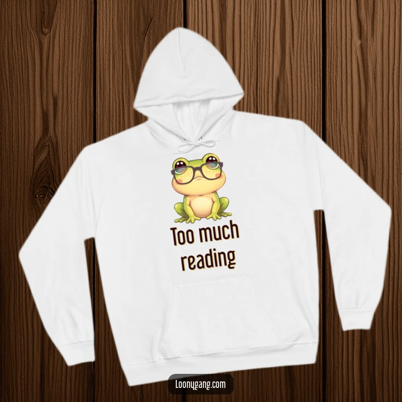 Funny frog wearing oversized glasses and looking confused in a cozy hoodie, a warm and funny gift.