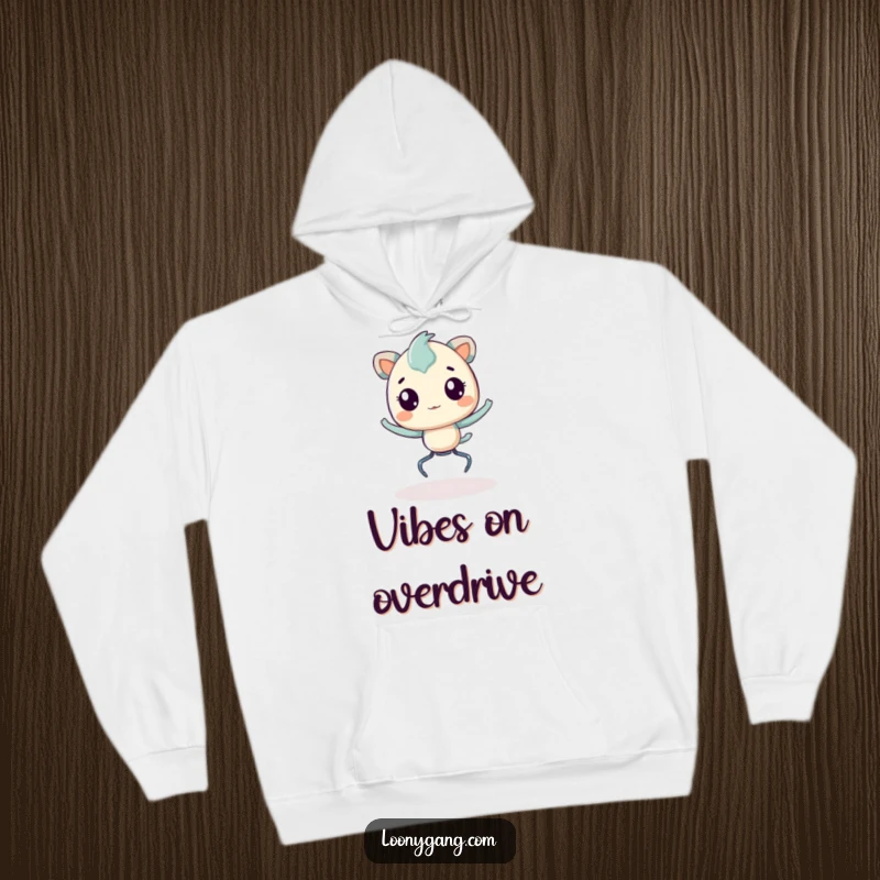 Funny Hoodie depicting a lively creature with springy legs, bouncing with unstoppable energy and radiating pure, comical joy.