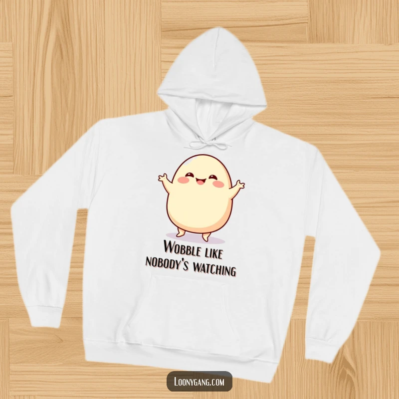 Funny Blob Jig Hoodie depicting a delightfully wobbly, smiling blob character executing a silly, hilarious jig, perfect for cozy, comical moments.