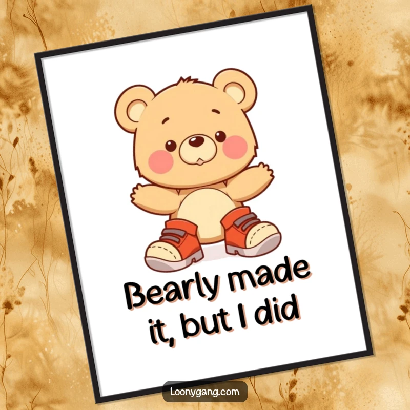 Funny free printable wall art of a bear cub wobbling precariously in oversized shoes, a humorous and charming piece.