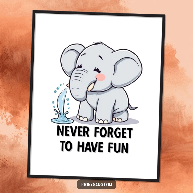 Funny free printable wall art of a comical elephant spraying water from its trunk while giggling with pure joy.