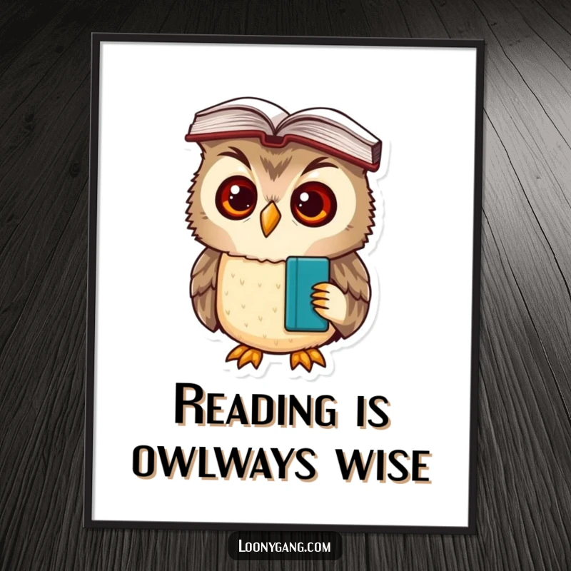 Funny free printable wall art of a bewildered owl cub with an open book balanced on its head, a charming and intellectual piece.