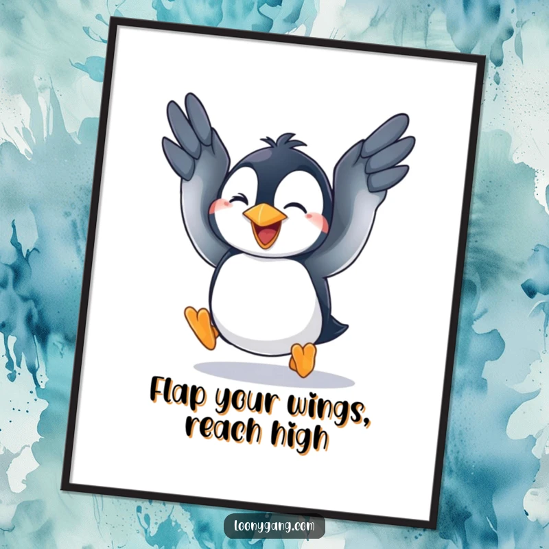 Funny free printable wall art of a goofy penguin cub flapping its wings wildly, comically attempting to take flight.