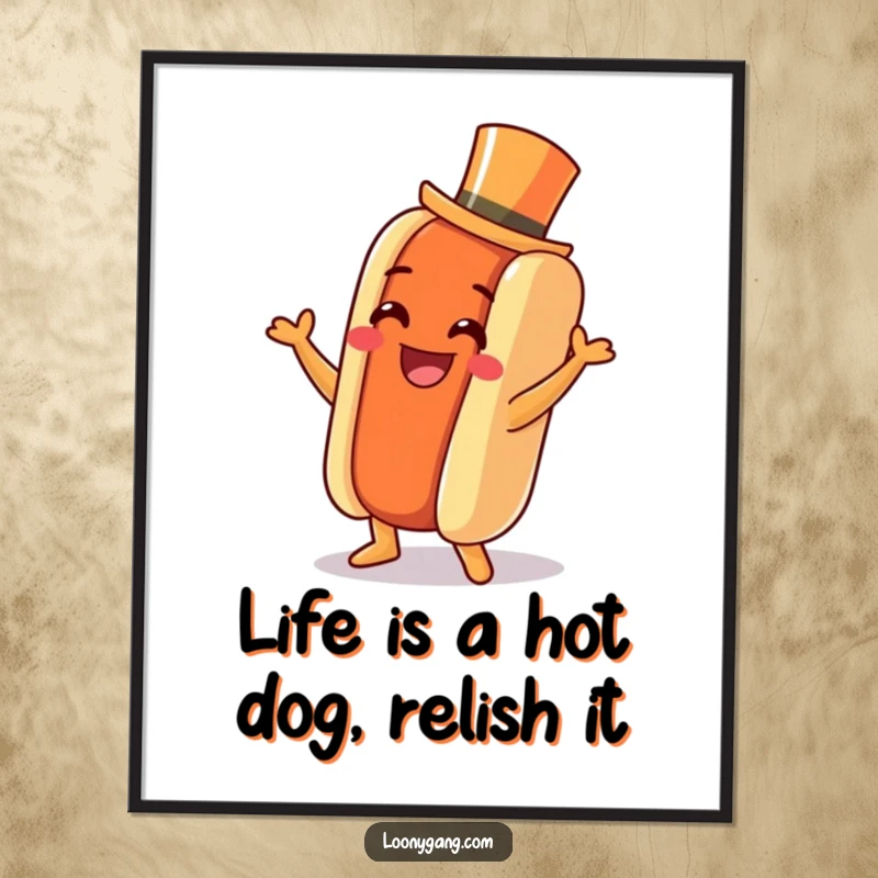 Funny Free Printable Wall Art: a grinning hot dog wearing a tiny top hat, doing a cheerful jig.