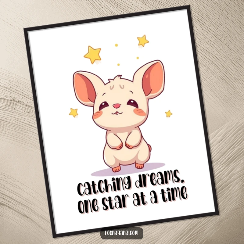 Funny Free Printable Wall Art: A small animal with enormous ears joyfully catches falling stars.