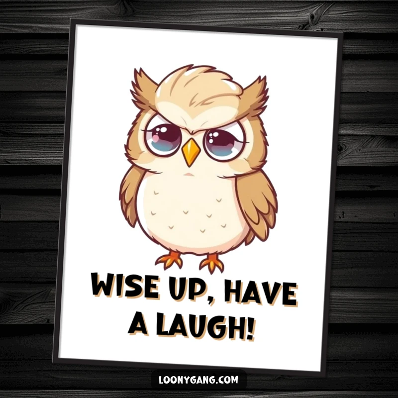Funny Free Printable Wall Art of a clumsy owl looking comically flustered, struggling with a very large feather.