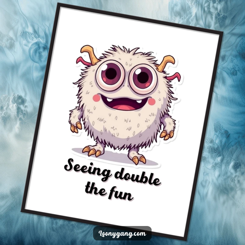 Funny Free Printable Wall Art: Fuzzy monster with too many eyes tripping over its feet, creating whimsical decor.