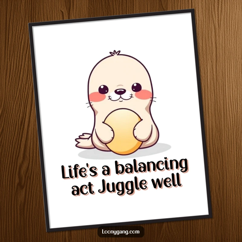 Funny Free Printable Wall Art: A comical seal masterfully balancing a red ball on its nose, wobbling slightly.