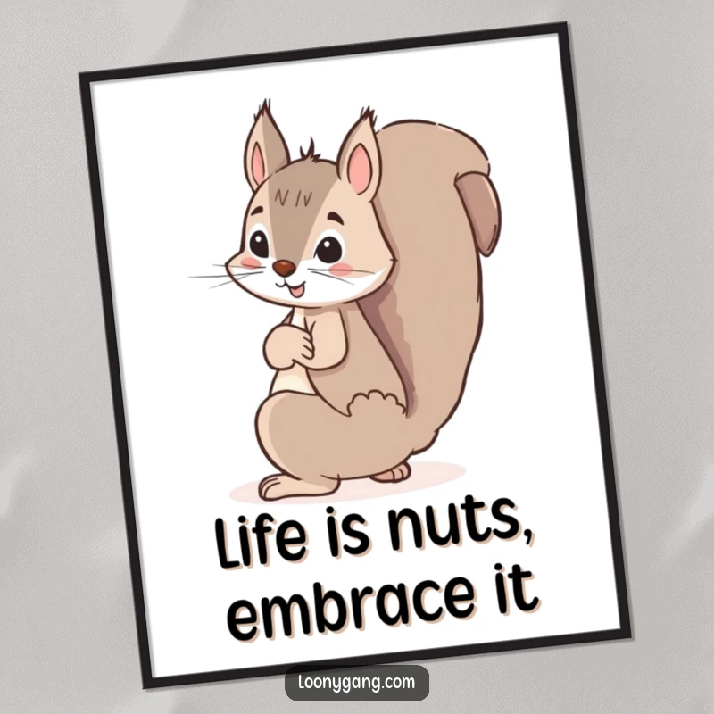 Funny free printable wall art of a mischievous squirrel slyly hiding a giant acorn behind its back.