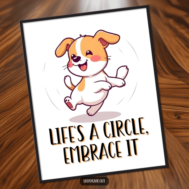 Funny Free Printable Wall Art: A wobbly dog is captured in a hilarious, dizzy circle as it chases its own tail endlessly.