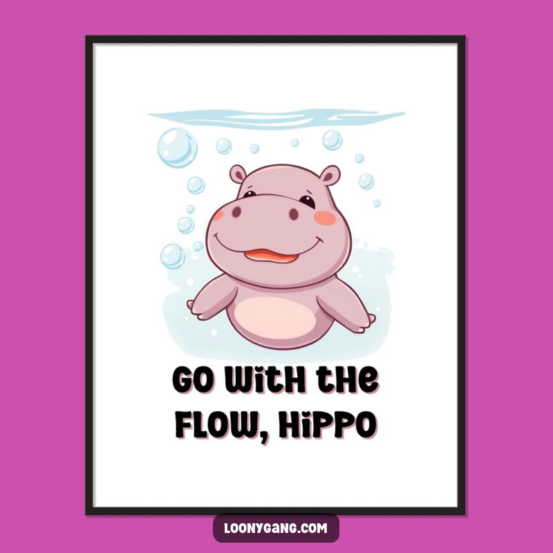 Funny Free Printable Wall Art: Giggling Hippo Blows Bubbles, downloadable art gift!