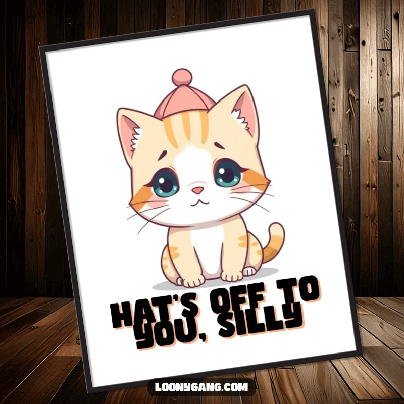 Funny free printable wall art: a confused cat cub wearing a small hat backwards, a charming and humorous decorative piece.