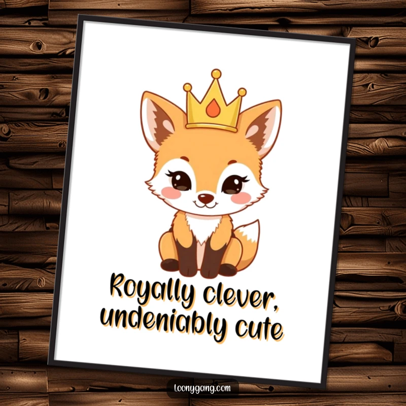 Funny Free Printable Wall Art: A small fox cub proudly wears a tiny golden crown.
