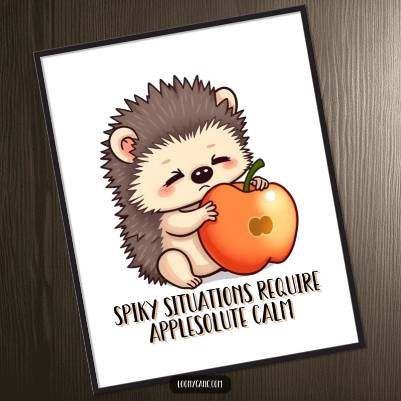 Funny Free Printable Wall Art: Bewildered hedgehog cub attempting to balance a large apple, capturing a moment of pure confusion. Downloadable art.