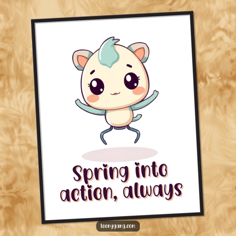 Funny Free Printable Wall Art: Kawaii creature with springy legs bouncing energetically, adding a playful vibe to any room.