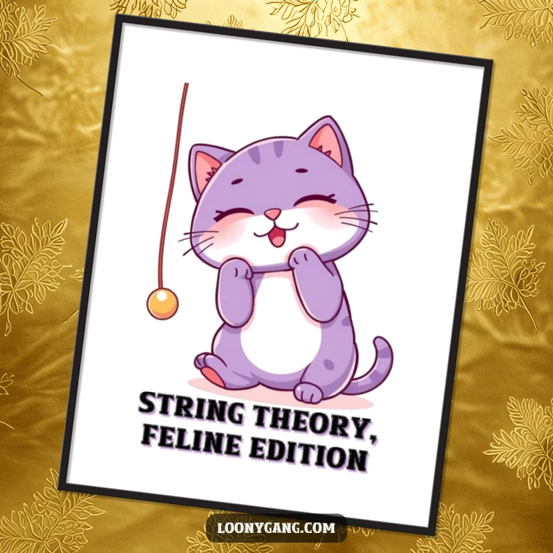 Funny Free Printable Wall Art: A purple cat gleefully batting at a dangling string, creating art.