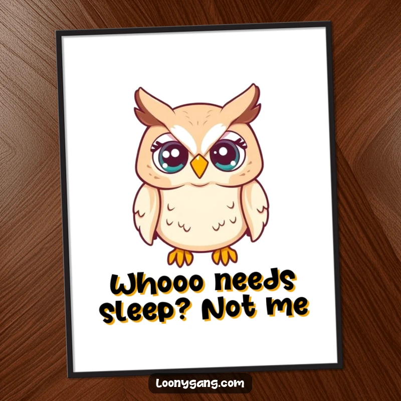 Quirky free printable wall art of a startled owl with its eyes popped slightly out of its head, looking hilariously surprised.