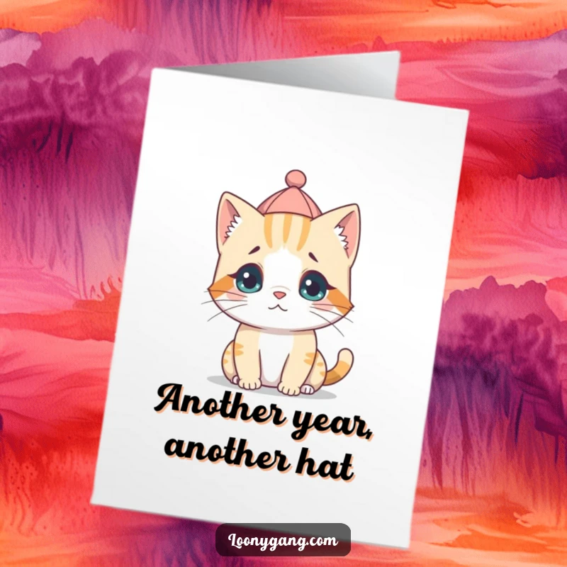 Funny free printable birthday card featuring a bewildered cat cub wearing a tiny hat placed backwards, looking totally confused.
