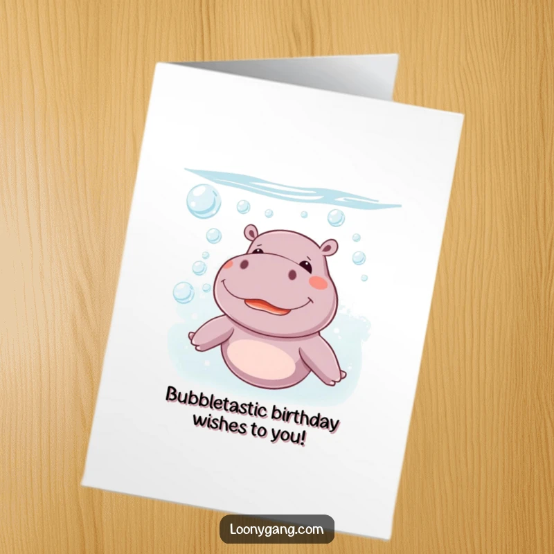 Funny Free Printable Birthday Card: Giggling Hippo underwater blowing joyful bubbles, perfect for sending happy wishes.