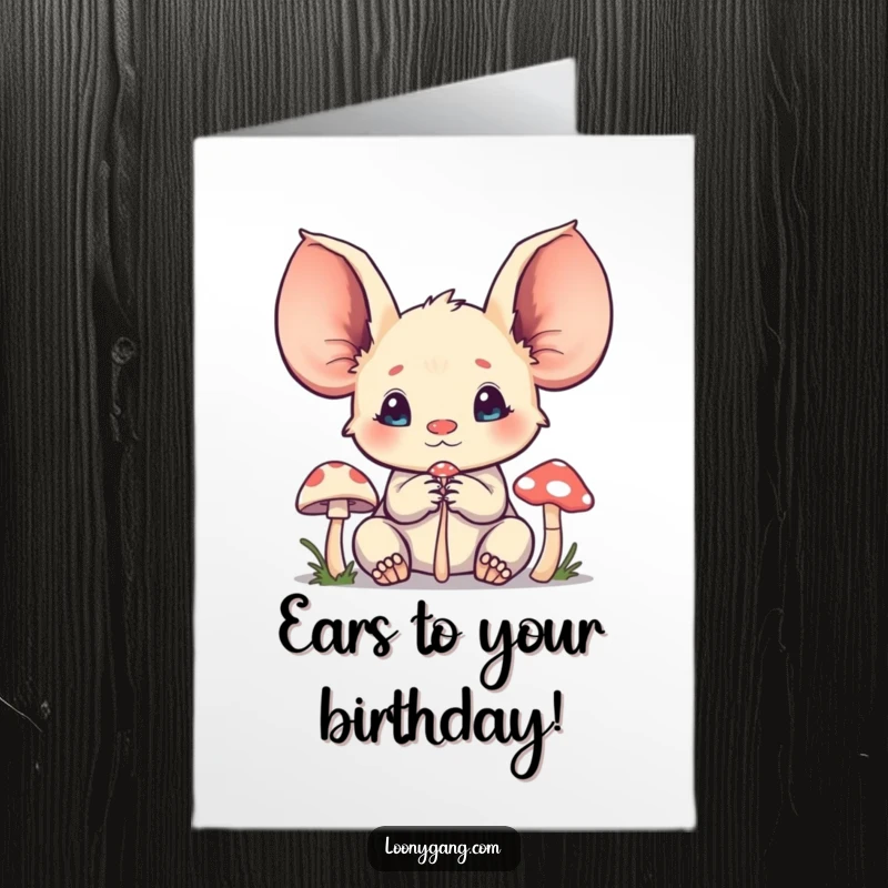 Funny Free Printable Birthday Card: Creature with huge ears intently listens to a miniature mushroom.