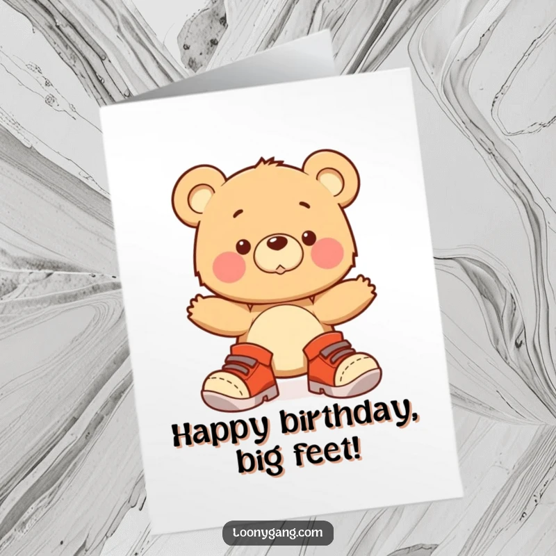 Funny free printable birthday card of a bear cub comically wobbling in oversized shoes, looking unsure of its steps.