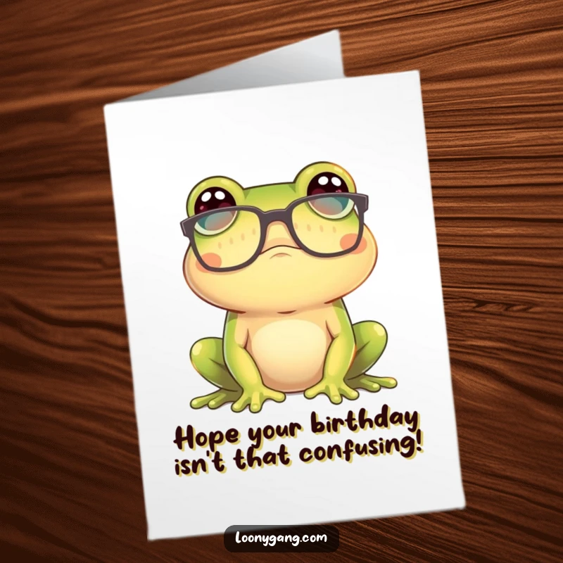 Funny Free Printable Birthday Card: A frog with oversized glasses looks utterly confused and bewildered.