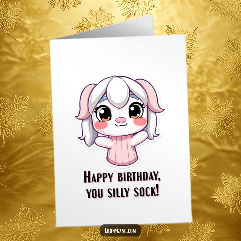 Funny Free Printable Birthday Card: a derpy sock puppet with mismatched eyes wiggling enthusiastically.