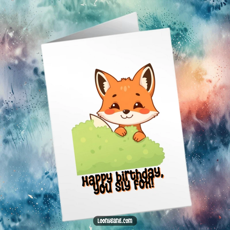 Funny Free Printable Birthday Card: A mischievous fox with a sly grin is peeking out from behind a green bush.
