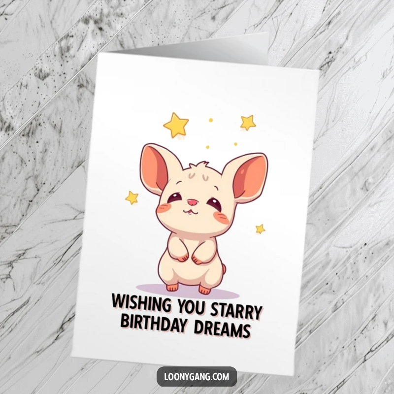 Funny Free Printable Birthday Card: Short animal with big ears tries to catch falling stars for a wish.
