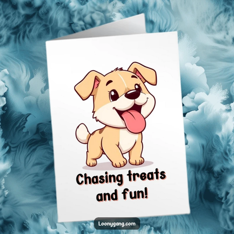Funny Free Printable birthday card of a cartoon dog with its tongue out, hilariously chasing its tail, a playful DIY.