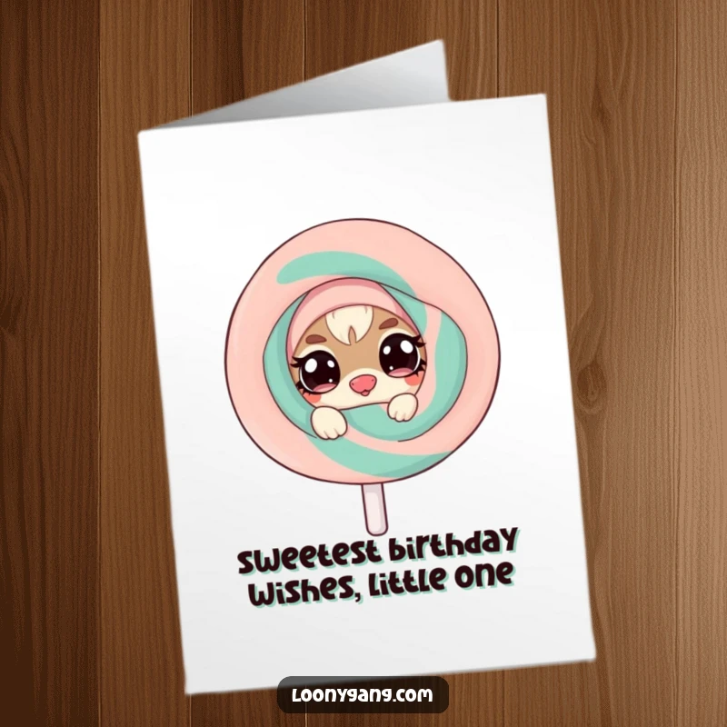 Funny Free Printable Birthday Card: A small, mischievous creature with twinkling eyes peeks from behind a giant, wobbly lollipop, celebrating.