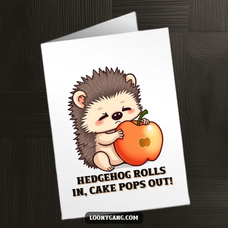 Funny Free Printable Birthday Card: Bewildered hedgehog cub struggling to balance a large apple, looking utterly perplexed. A downloadable gift.