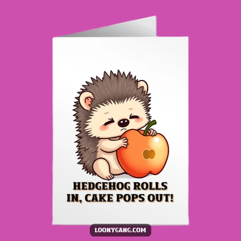 Funny Free Printable Birthday Card: Bewildered Hedgehog Cub Balancing Apple Downloadable Gift!