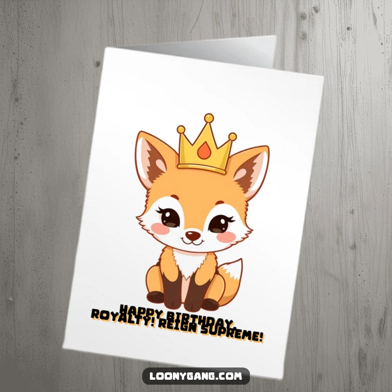 Funny Free Printable Birthday Card: A small fox cub wearing a tiny crown looks incredibly proud.