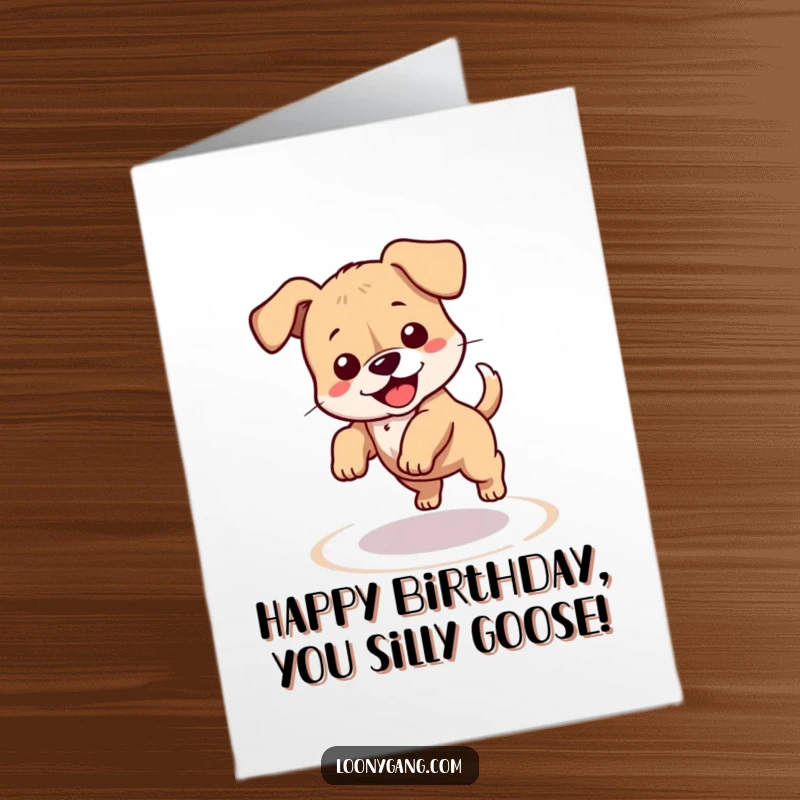 Funny free printable birthday card depicting a clumsy puppy chasing its tail in a dizzy circle. A downloadable dose of puppy chaos!
