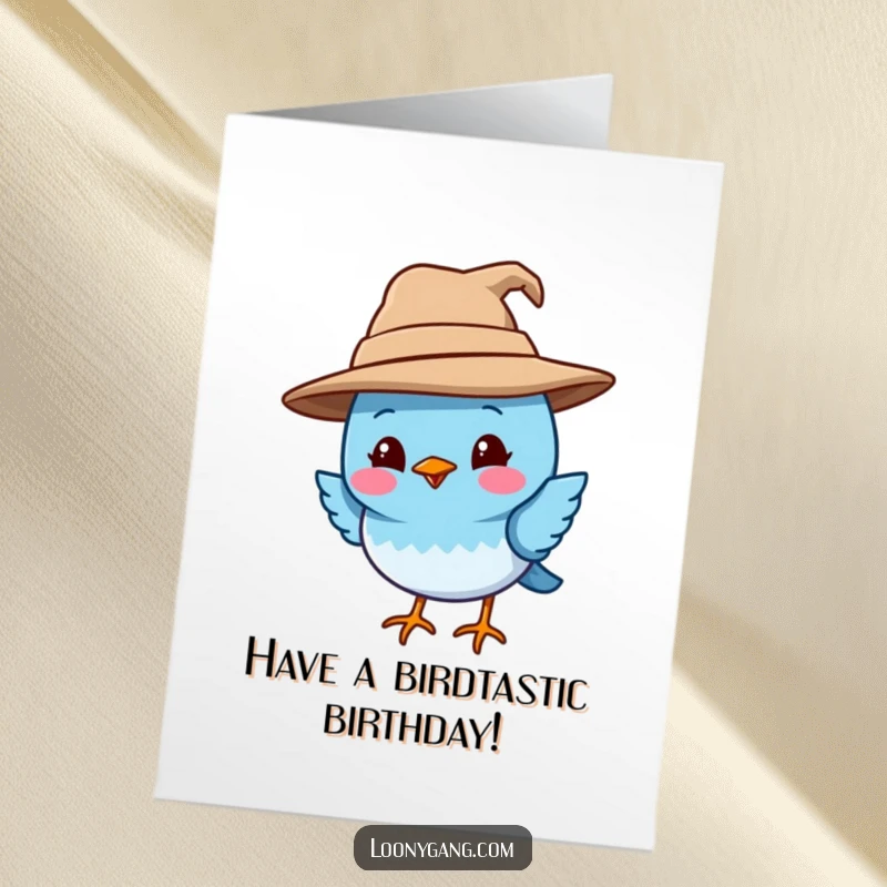 Funny free printable birthday card featuring a smiling blue bird wearing an oversized, crooked hat. A downloadable cheerful greeting!