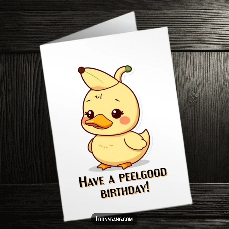 Funny Free Printable Duckling Birthday Card: Dorky duckling wears a banana peel hat, ready to party.