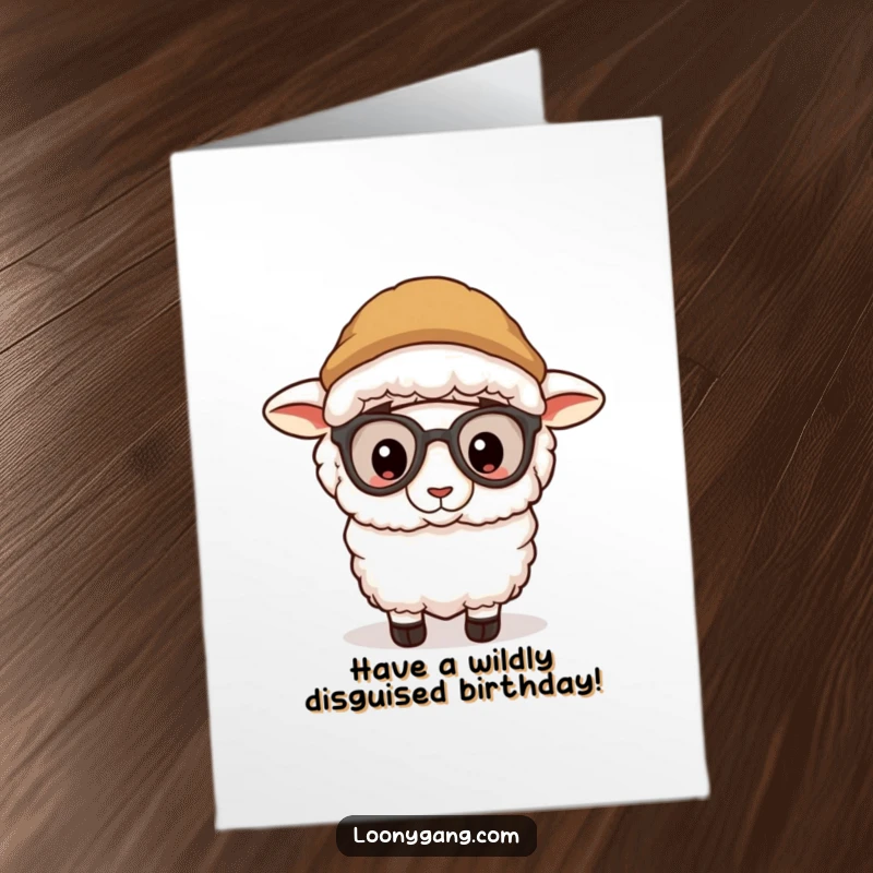 Funny Free Printable Birthday Card: A sheep wearing a goofy disguise peeks out mischievously.