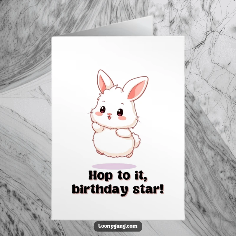 Funny Free Printable Birthday Card: A fluffy white bunny hops with an exaggerated wiggle, spreading joy.